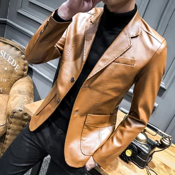 

Men's New Casual Suit PU Leather Casual Blazer Jacket Slim Fit Lapel Coats Two Buttons S28