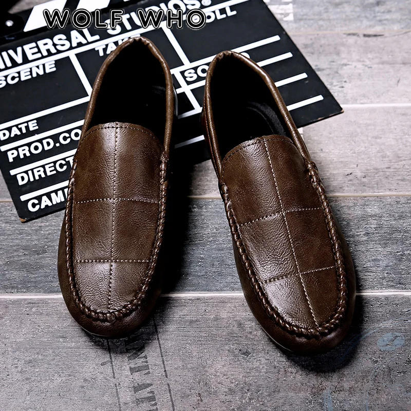 

WOLF WHO Men lazy Shoes PU Leather Moccasin Loafers Tenis Masculino Adulto Handmade Slip On Flat Boat Shoes Male Footwear X-190