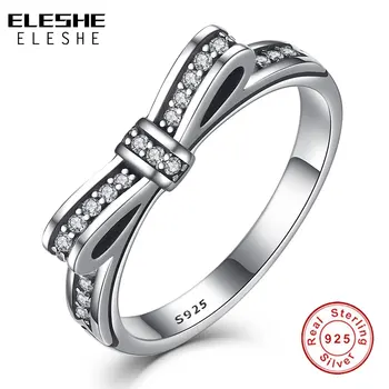 

ELESHE Original 925 Sterling Silver Bow Knot Finger Rings for Women Micro Pave CZ Crystal Rings Wedding Jewelry Valentine's Gift