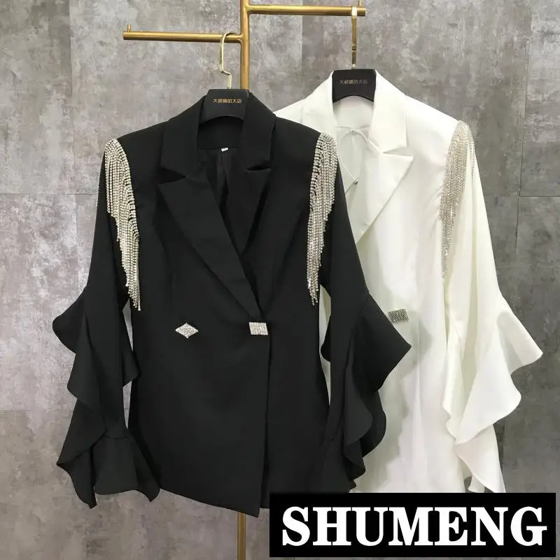 

2019 New Spring and Summer Lady's Shoulder Tassel Water Drill Chain Ruffle Lace Sleeve Suit Jacket Women Blazer Coat Outwear