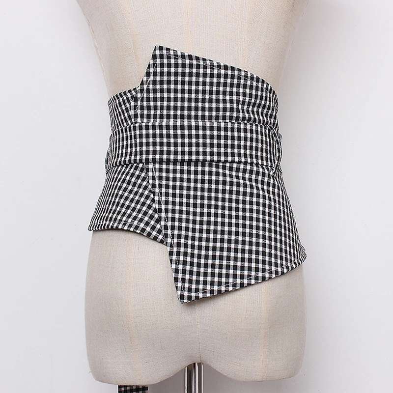 [EAM] осенне-зимний черный клетчатый неровный Бандаж с плетением, индивидуальный широкий пояс, женская мода, универсальный JR899
