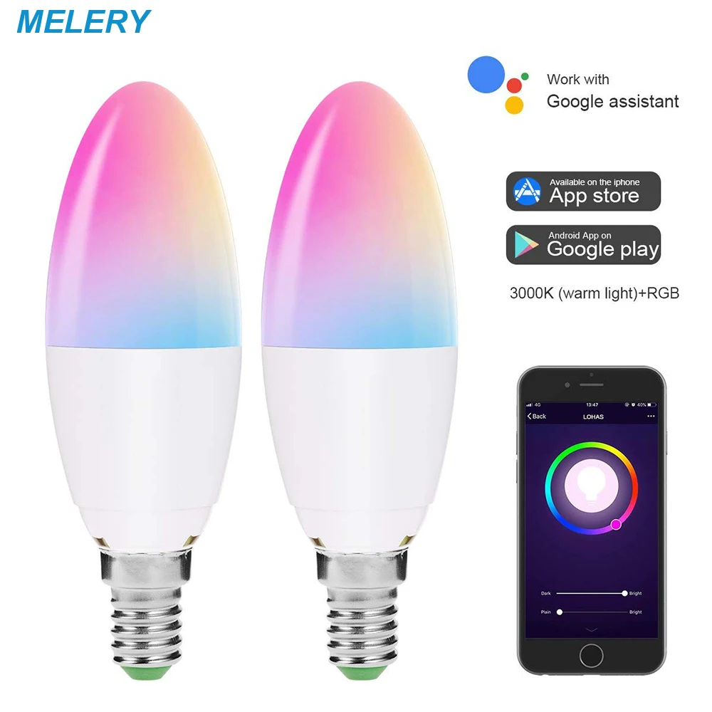 

WiFi Smart LED Candle Bulbs E14 5W Equal 40W RGB+Warm/Day White Colour Changing Mood Light Works with Alexa Google Home-2Pack