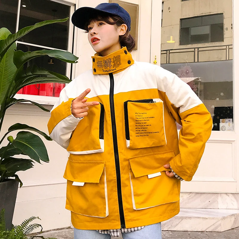 Plegie Harajuku, Женская куртка большого размера в стиле пэчворк, весна, новая верхняя одежда, пальто в стиле хип-хоп, свободная уличная одежда для колледжа, BF стильные куртки - Цвет: Yellow