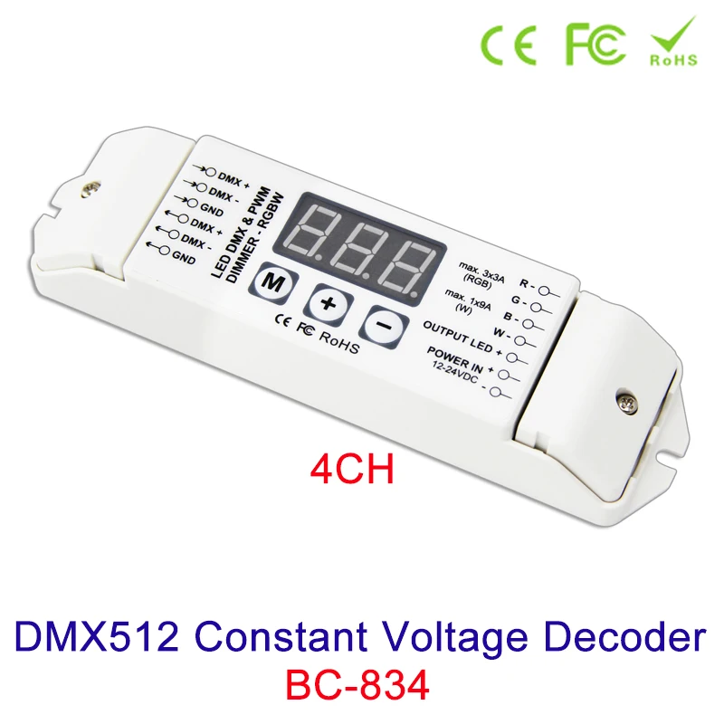 BC-834 LED DMX512 4CH Constant Voltage Decoder RGBW Controller DC12~24V Led strip Driver 3-digital-display shows Output CV PWMX4 dmx512 3ch constant voltage common anode controller refresh frequency 7 8khz digital tube display rgb controller dc5 24v