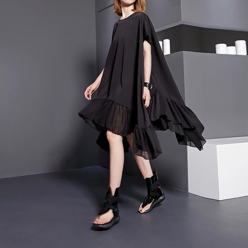 [EAM] 2017 nuovo autunno inverno girocollo manica corta di colore solido nero split misto allentato big size vestito delle donne di modo di marea 446