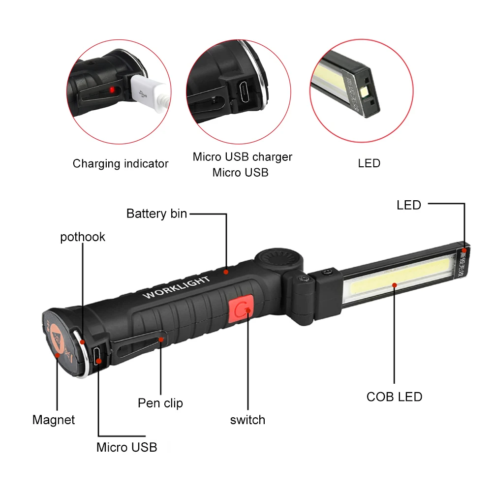 COB+ светодиодный портативный флэш-светильник, USB фонарь, рабочий светильник, магнитный перезаряжаемый подвесной крючок, уличный Автомобильный ремонтный аварийный светильник