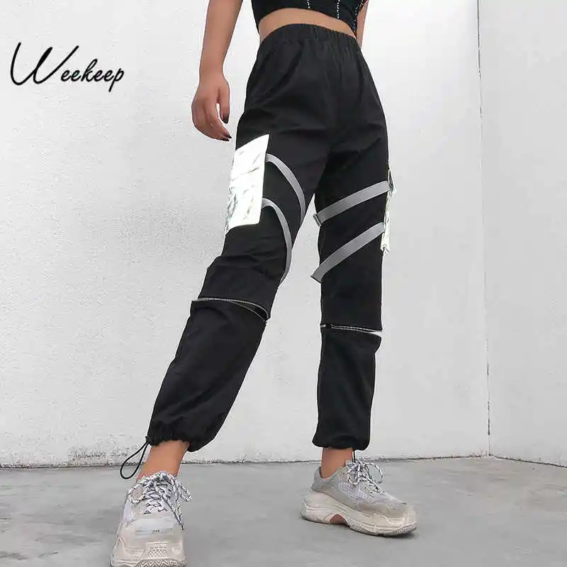 

Weekeep Streetwear Pants Women Reflective Pockets Patchwork Trousers Black High Waist Cargo Pants Women Fashion Pencil Pants