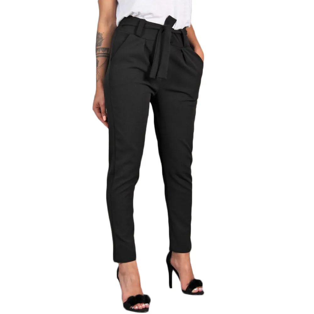 

Women High Waist Pants Bandage Elastic Waist Solid Casual Long Pencil Pants Women Office Lady Clothes