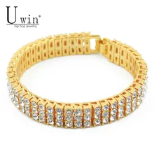 Uwin Iced хип-хоп браслет серебро/золото Цвет 3 ряд Bling Стразы Кристалл Для мужчин браслет панк ювелирные изделия 20 см
