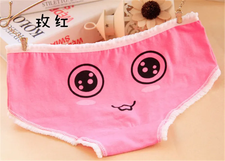 2017 Sale Cute Face Girls Low Waist Panties Female Candy Color Lace Briefs Casual Women Cotton Butt Pads Underwear (4)