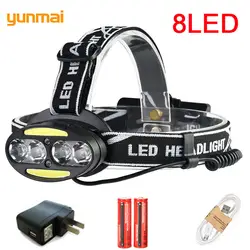 Yunmai 8 светодиодный супер мощный функциональный налобный фонарь 4T6 + 2COB + 2 светодиодный перезаряжаемый USB налобный фонарь 7 режимов