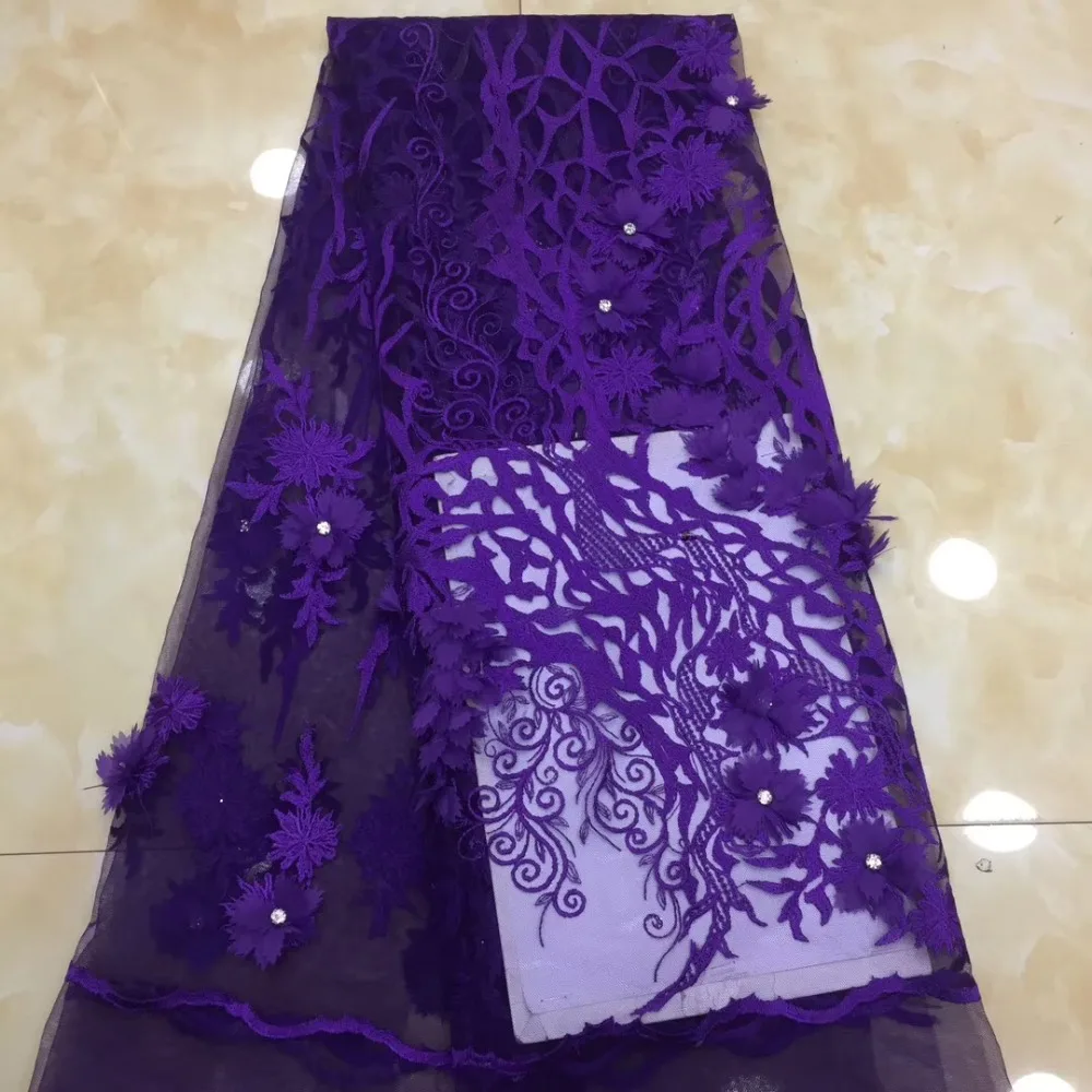 

French lace fabric 5yds/pce dhl purple 3d petals stones fabrics women gorgeous luxury party event wedding dress 2019 new arrival