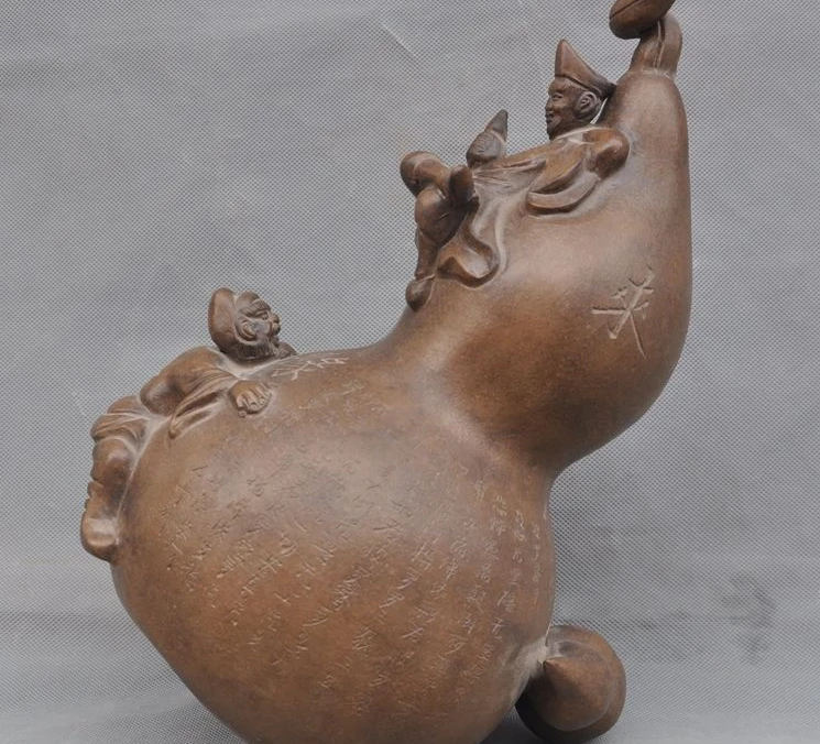 

11"Old Chinese Zisha Pottery Carved Monk Ji Gong Zhong Kui Gourd Cucurbit Statue