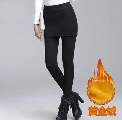 Женские черные зимние леггинсы высокого качества с флисом, теплые обтягивающие штаны, большие размеры, S-4XL, юбка+ длинные брюки, CM1829 - Цвет: Black Gold velvet