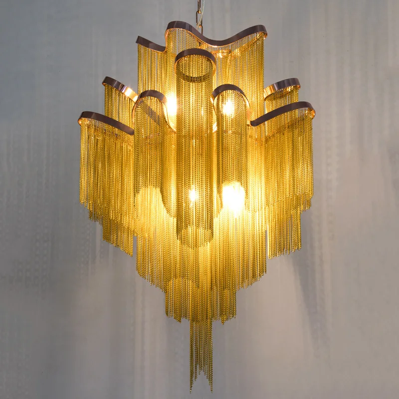 Современная роскошная Серебряная Золотая алюминиевая цепочка подвеска с бахромой лампа роскошный лестничный подвесной светильник для украшения дома отеля