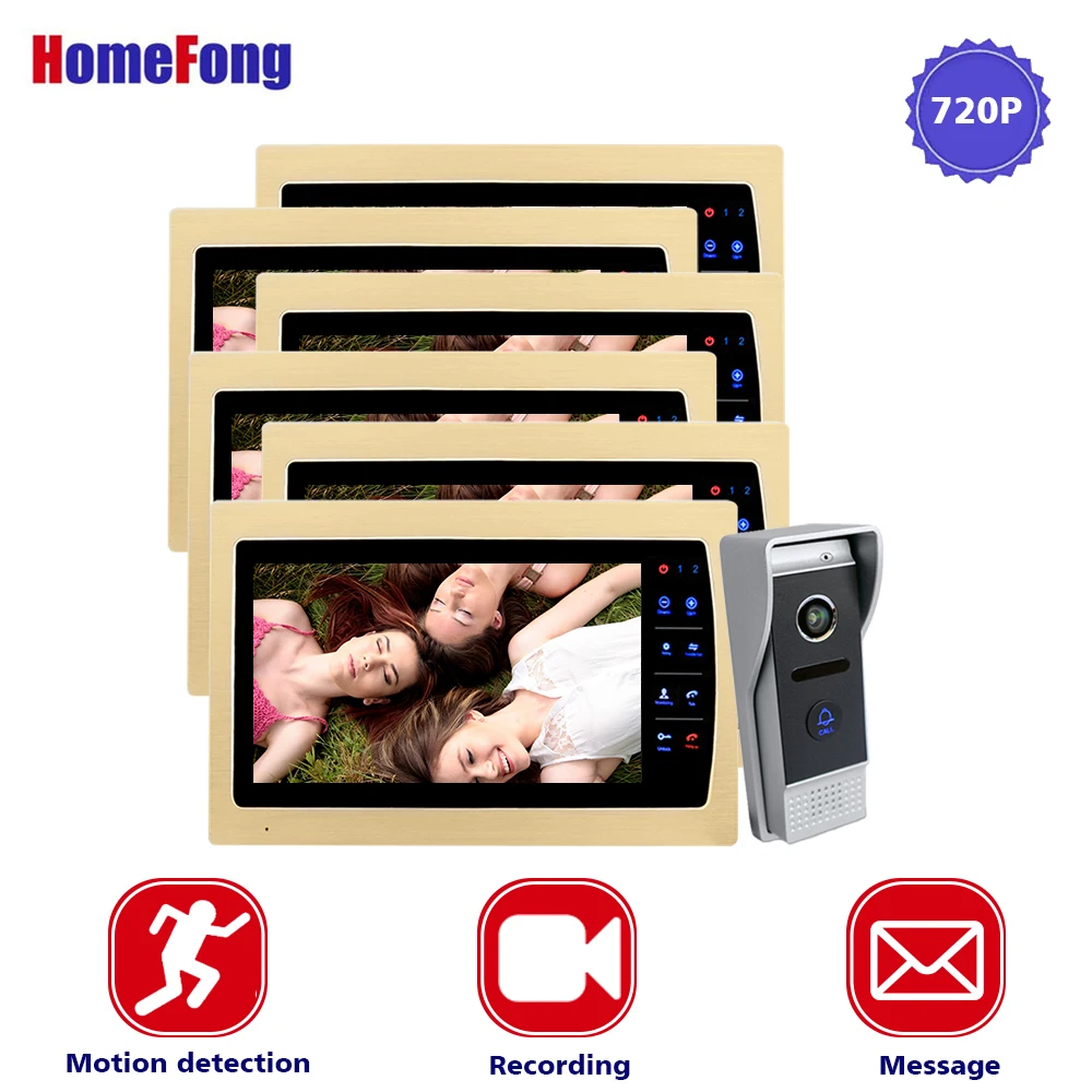

Homefong AHD 720P Video Doorbell Intercom System 10 Inch Golden Monitor 6 Indoor Panels 1 Outdoor Panel Record Motion Alarm