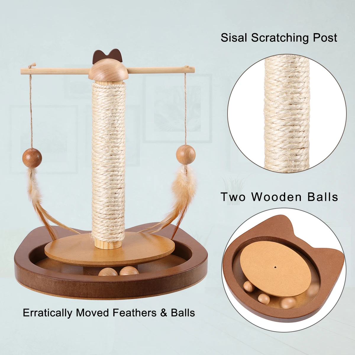 Multifunctional Teasing Toy For Cats Durable 360° Rotating Rod Cat Toys With Feather Wooden Balls Scratching Sisal Post