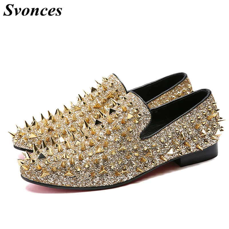 Svonces Shiny Gold Spiked Rivets Loafers Men Casual Shoes Red Bottoms