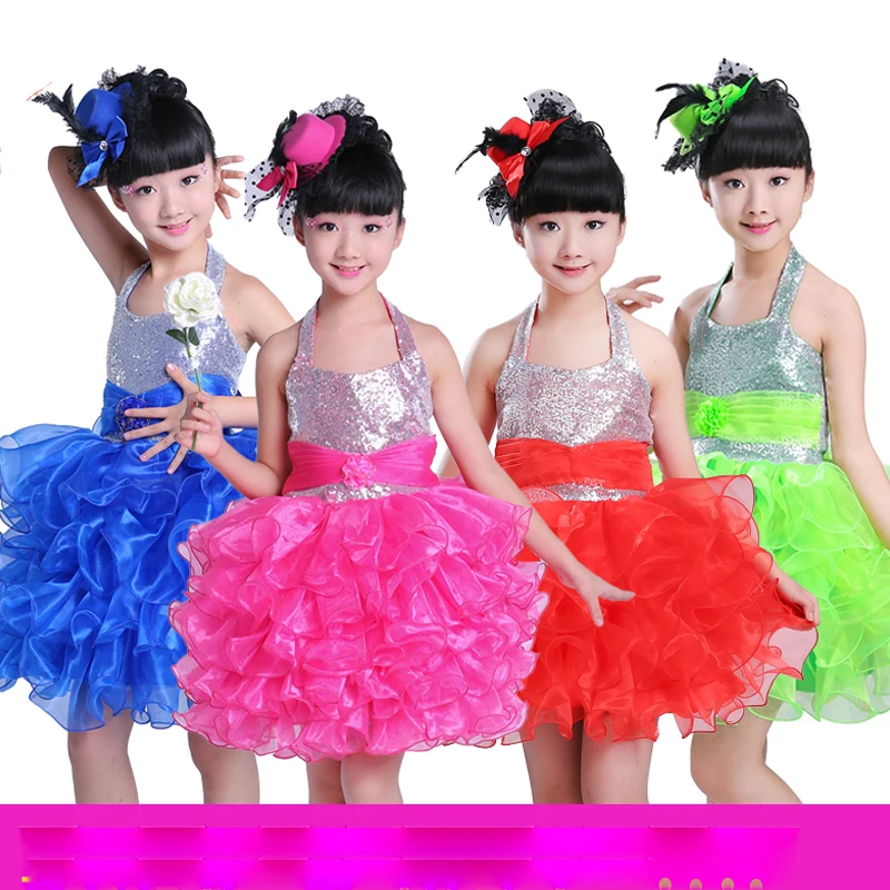 

Pink Blue Kids Party Birthday Stage Dance Dresses Clothes For Girls Sequined Ballroom Jazz Latin Dancewear costumes tutu Dress