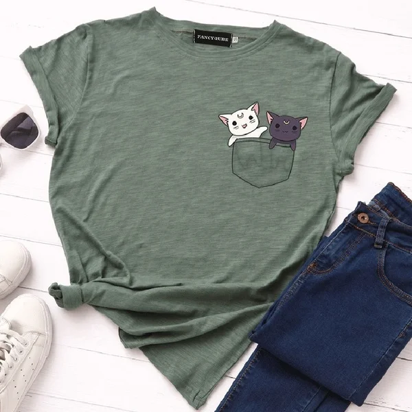 Women New Fashion Cute Pocket Cat Printed T-Shirt Tops Summer Short Sleeve Round Neck Casual Funny Tee Blouse