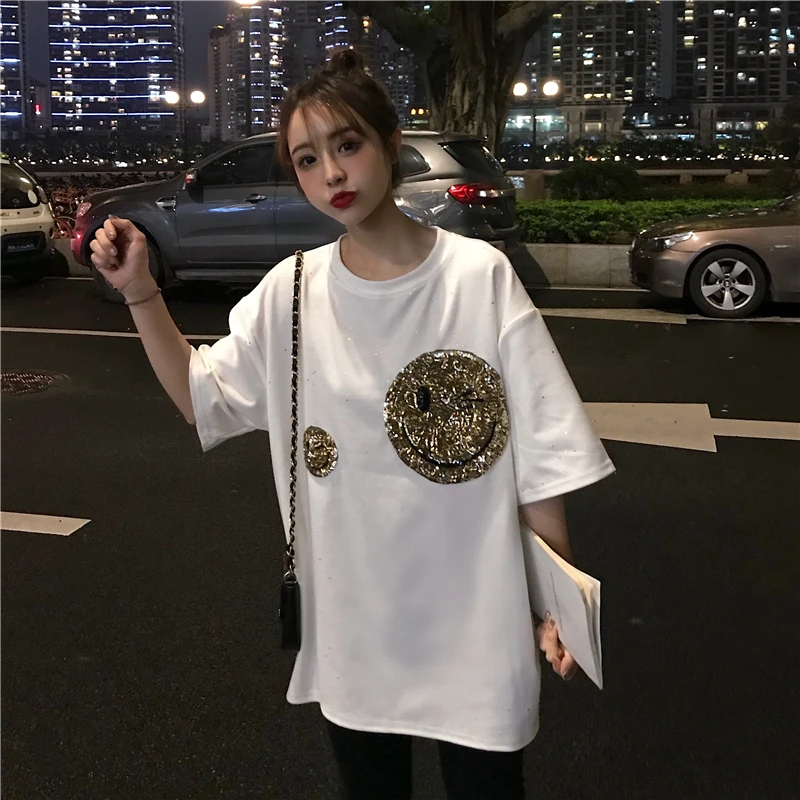 Neploe 2020 News Autumn Korean Loose Sequined Black T Shirt Sweet Style O Neck Smiley Face Pattern Tee Ins cotton Girl Top 45496