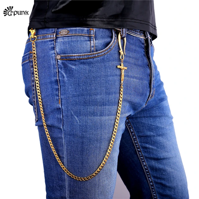 ZJ Cool Men's Brass Pants Chain Gold Punk Fashion Gold Wallet Chains for Men Gold / A