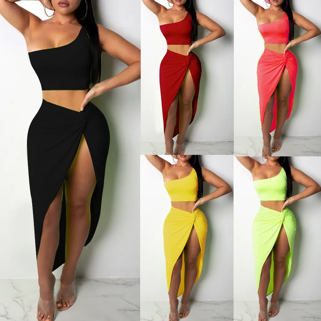 

KLV 2019 Women's Skirt Set Fashion Sexy Solid Color One Shoulder Short Top Pleated Split Bag Hip Skirt Set 5.22