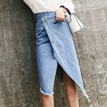 A-Line Jeans Skirt For Female Asymmetrical High Waist Denim Skirt Women Summer Korean Casual Ripped Pocket Button Women's Skirt lace insert ripped denim skirt