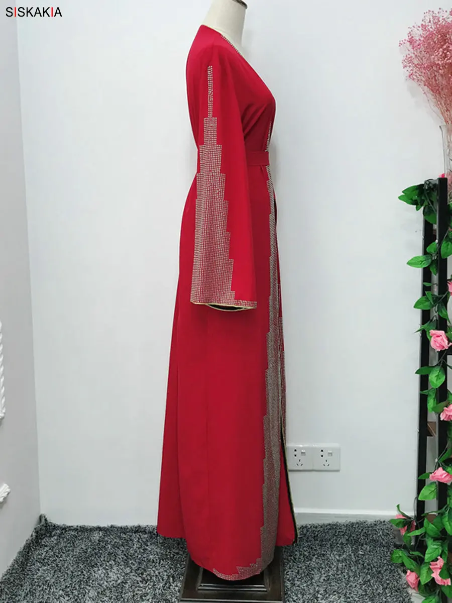 Siskakia/модный мусульманский кардиган abaya, Роскошное однотонное платье в стиле пэчворк со стразами, платье в восточном стиле, Ближний Восток