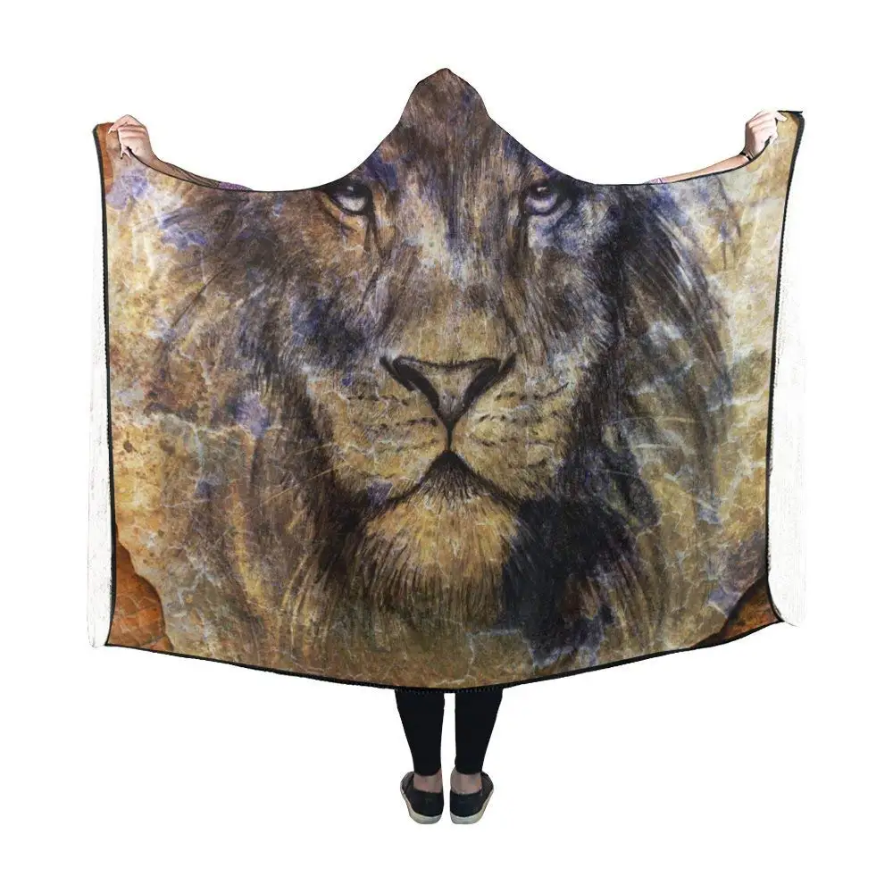Hooded Blanket Vintage Lion Animal Pilling Polar Fleece Hooded Throw