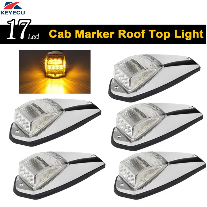 

KEYECU 5x 17LED Amber Roof Light Chrome Cab Marker Clearance Roof Running Top Light Assembly for Heavy Duty Trucks Peterbilt