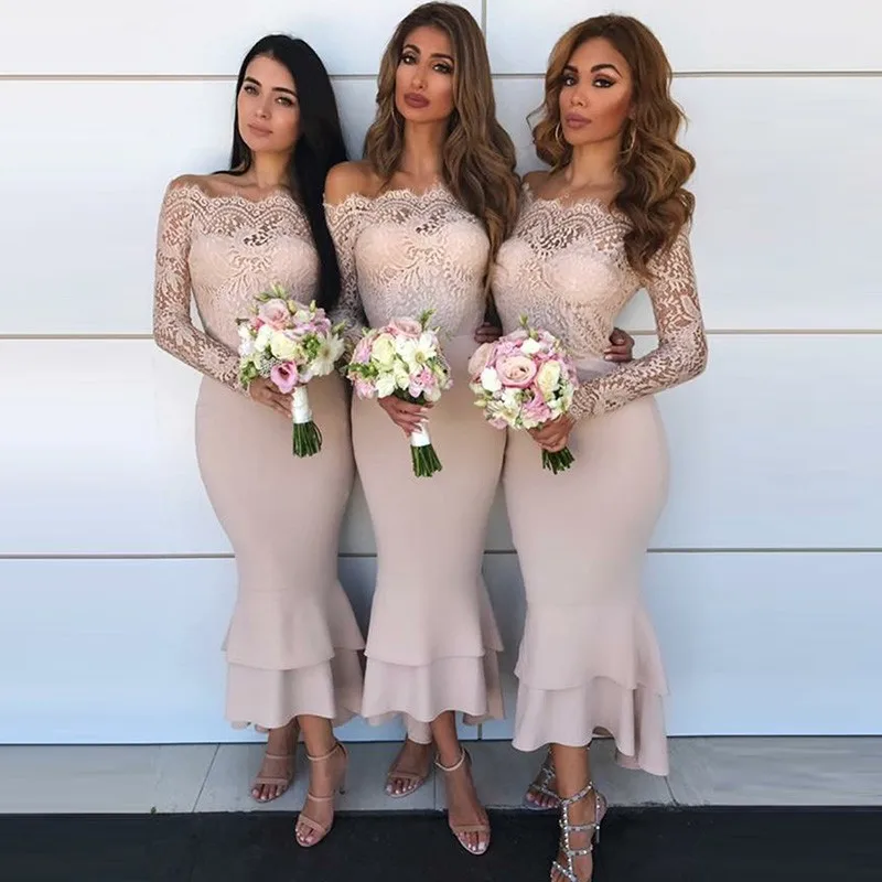 

Elegant Bridesmaid Dresses 2019 Mermaid Off-the-Shoulder Long Sleeves Hi Lo Junior Honor of Maid Gowns Blush Wedding Party Dress