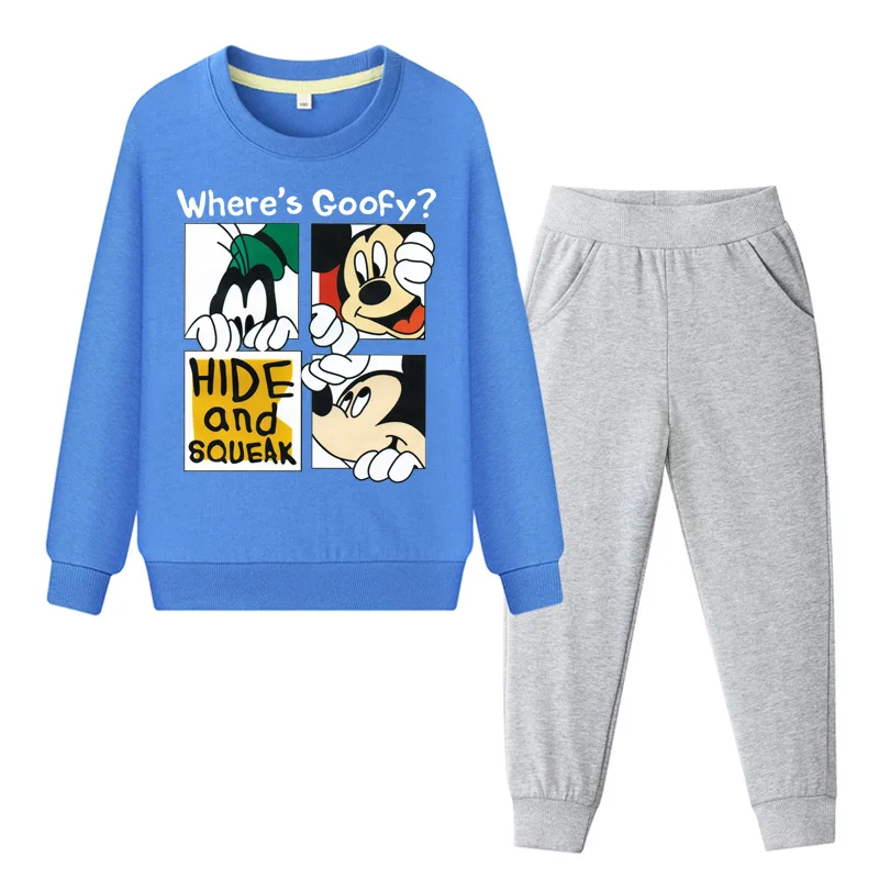 Детская Весенняя костюм из хлопка для мальчиков Микки пуловер Толстовка брюки комплект Одежда для малышей комплекты Спортивный костюм для девочек костюм DY038 - Цвет: Blue