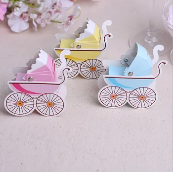 

100pcs Baby Carriage Shower ribbon Sugar Box blue wedding Ray empty Candy Box
