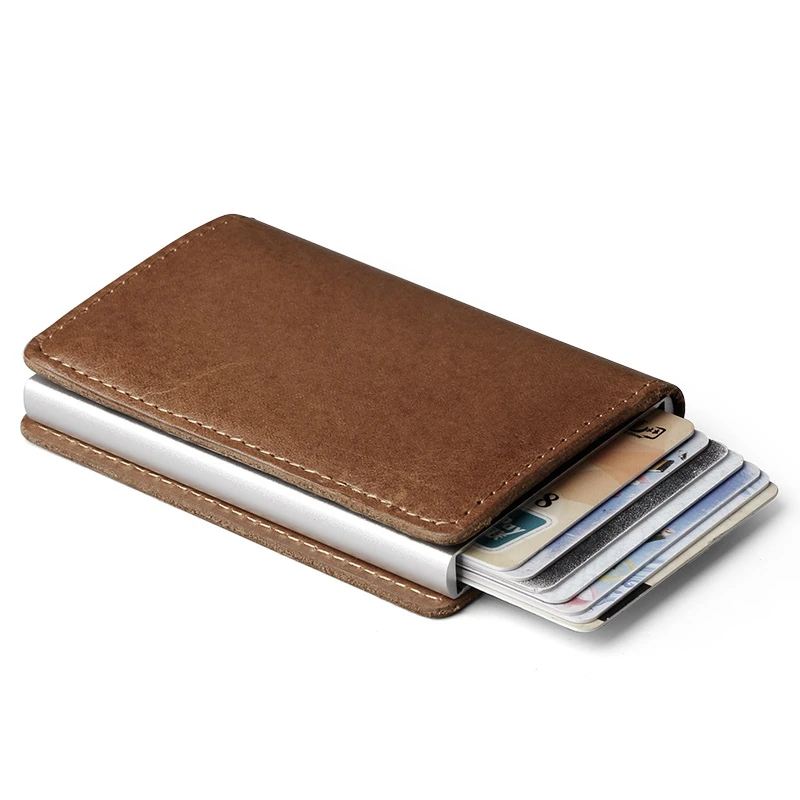 

Men Blocking Rfid Wallet Mini 100% Genuine Leather Business Aluminium Credit Card Holder Purse Automatic Pop Up Card Case