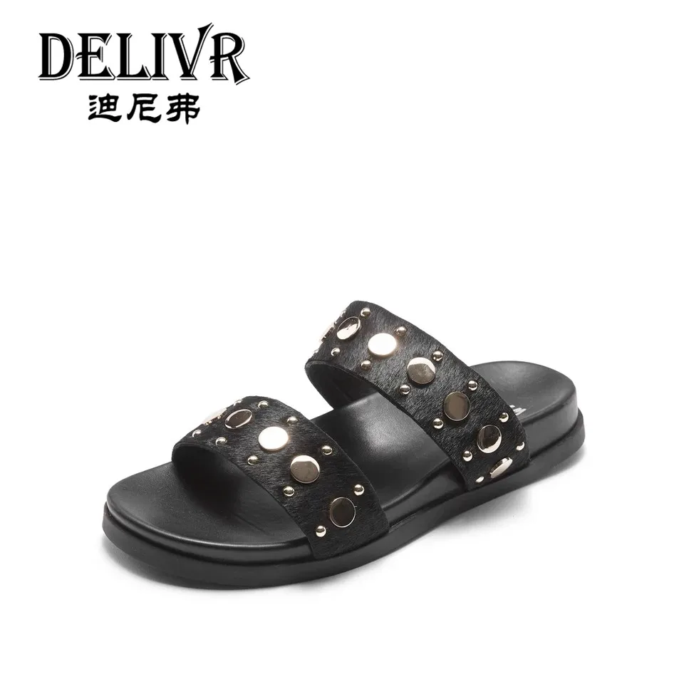 

Delivr Flats Ladies Slippers Fashion Rivets Casual Female Slipper Horse Hair Black Women'S Slipper Solid Simple Vrouw Sandalen