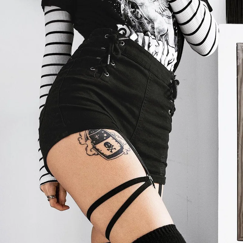Летний женский сексуальный ремень-подвязка панк шорты ремень крест-накрест для девочек готические обтягивающие шорты Высокая талия черные шорты