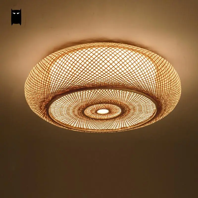  Hand-woven Bamboo Wicker Rattan Round Lantern Shade Ceiling Light Fixture Rustic Asian Japanese Pla - 32824461183