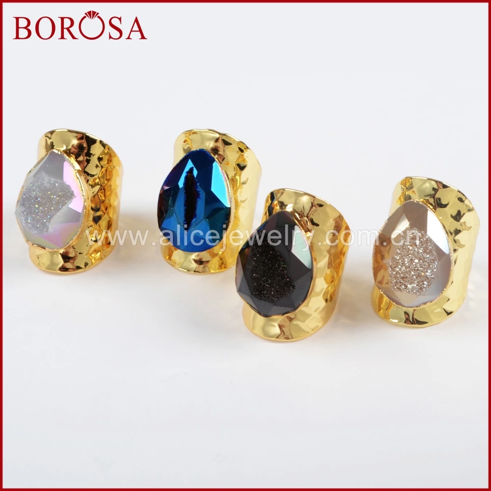 BOROSA Teardrop Drusy Gems Rings for Women Fashion Rainbow Titanium Druzy Faceted Gold Band Party Jewelry G1430 | Украшения и