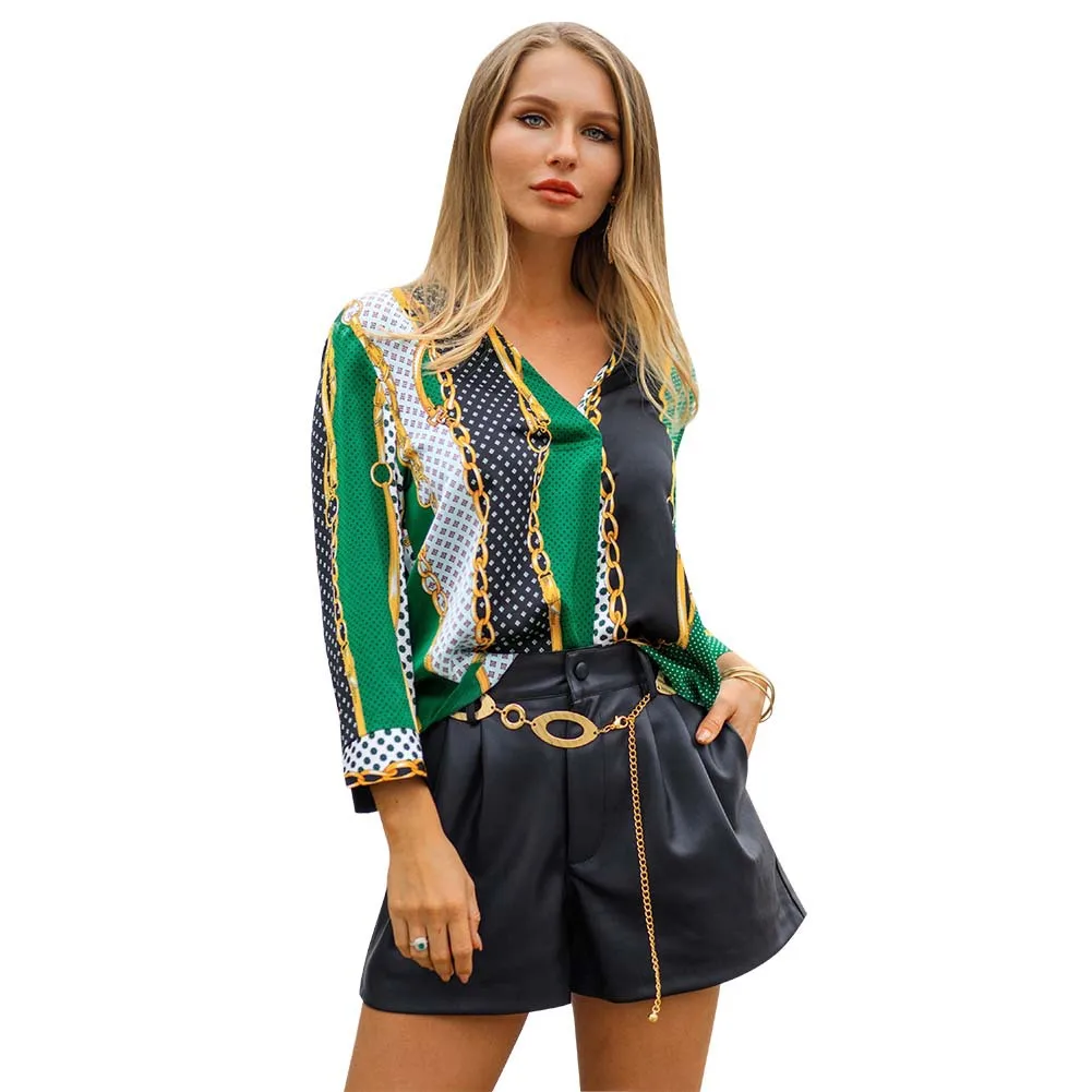 

Women Fashion Tops Women 2019 spring Women Chiffon Tops Blouse Femme V neck quality elegant strip chain print