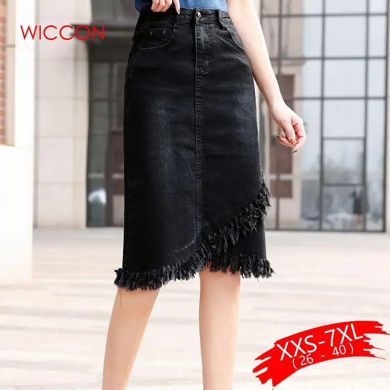 

Plus Size Tassel Hem Wrap Overlap Black Bodycon Denim Skirts 3Xl 5Xl 7Xl Spring Women Office Lady Workwear Midi Denim Skirts