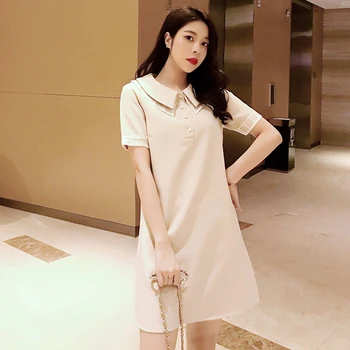

2019 Summer Korean Short Sleeve Sweet Dress Women Vintage Fairy Organza Women Dresses Fashion Women's Dresses Peter Pan Collar