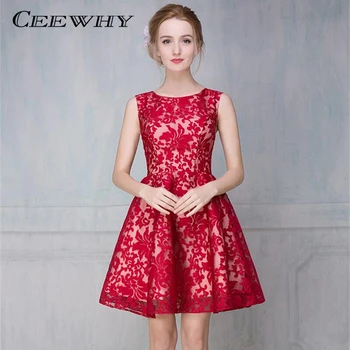 

CEEWHY Burgundy Sleeveless Above Knee Lace Short Cocktail Dress Homecoming Wedding Party Dress Vestido de Festa Curto