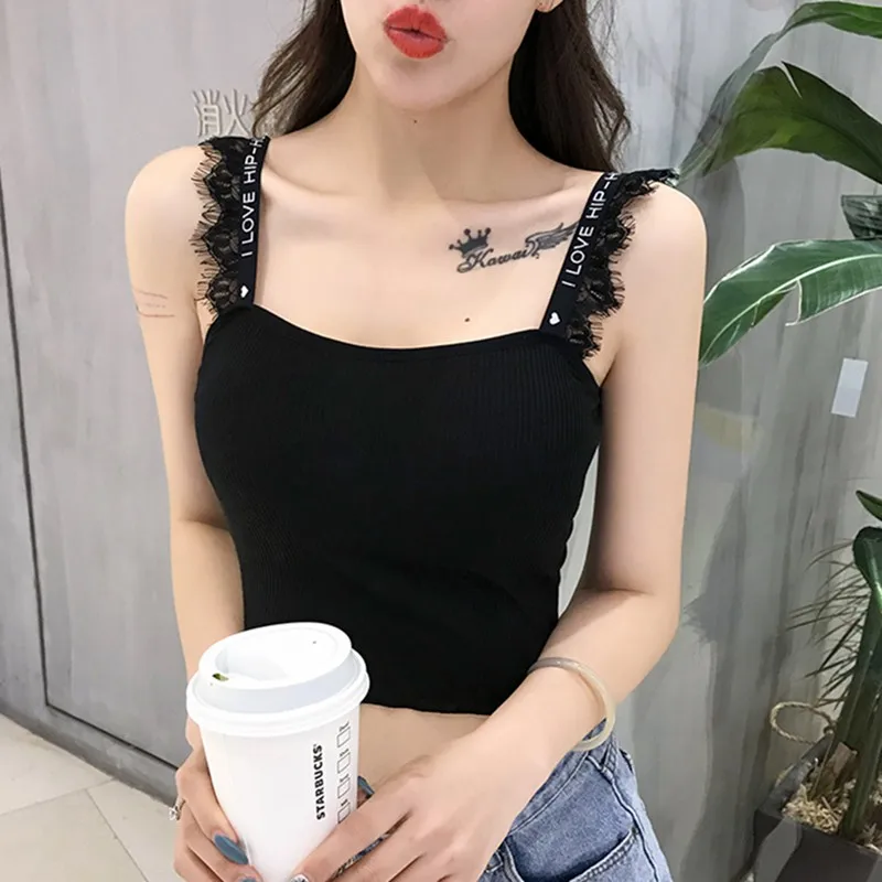 Women's Lace Stitching Knitted Tank Top Sexy Vest Simple Stretchable Tops Summer Solid Crop Top