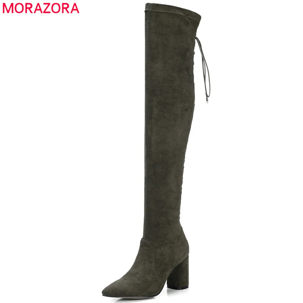 Goedkoop MORAZORA zwart army green fashion vrouwen laarzen wees teen rits kid suede + stretch stof laarzen kruis gebonden over de knie laarzen