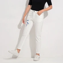 Доброжелательные обезьяна красная кромка джинсы женские хлопок тонкие джинсы Удобная белая высокая талия джинсы женские