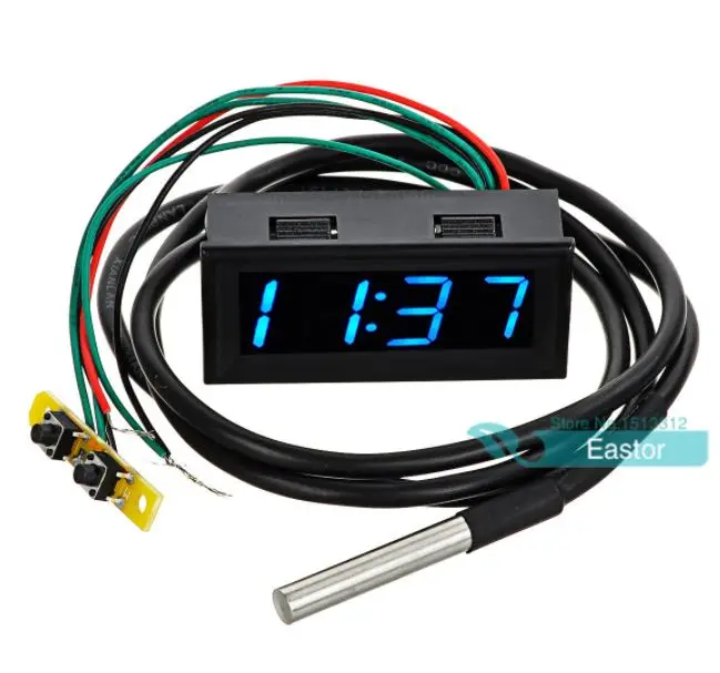

Blue 0.56 Digital DC 0-30V 12V/24V Voltmeter Thermometer Clock 3in1 Meter DS18B20 Temperature Sensor Blue Light