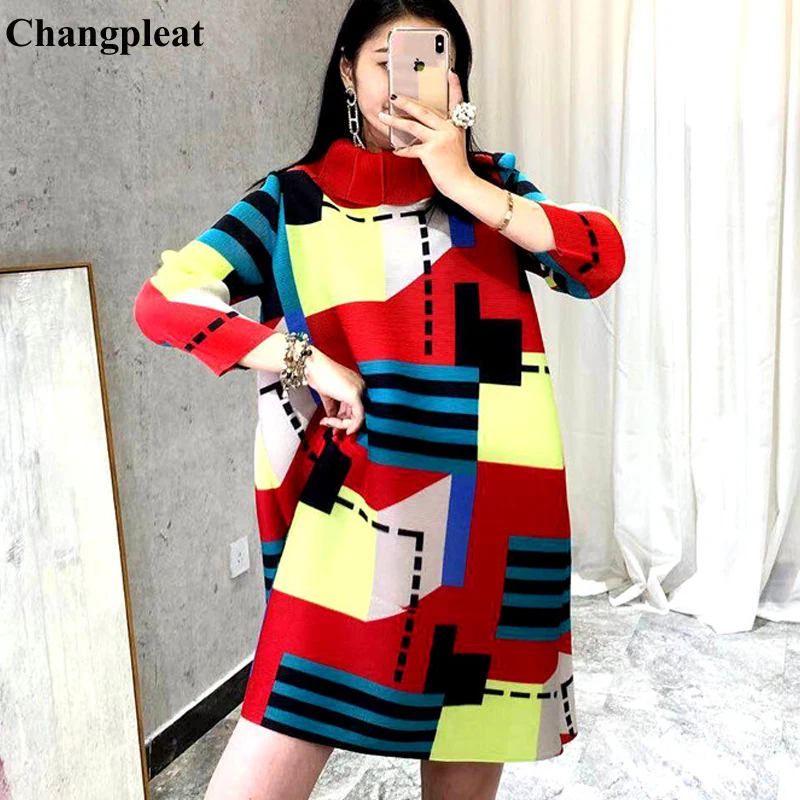 Changpleat 2019 новые Весенние геометрическим принтом Для женщин платья Miyak