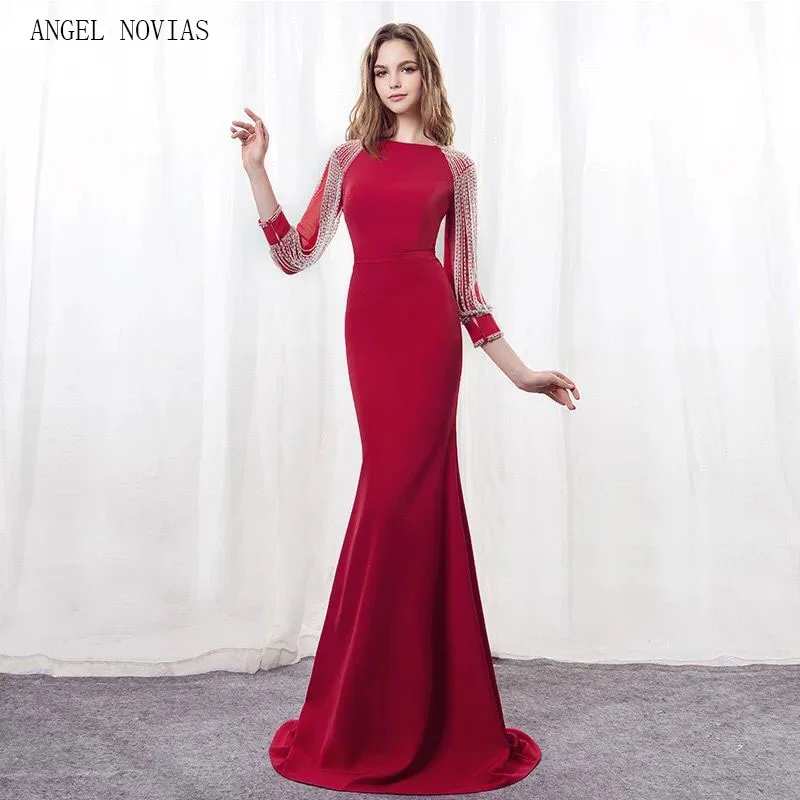 

ANGEL NOVIAS Elegant Red Mermaid Long Sleeve Evening Dresses 2020 Beads Crystal Party Gowns Sweep Train Party Dress