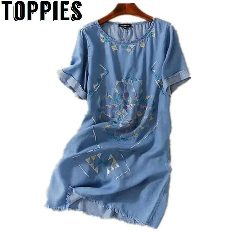 

Toppies Women 2019 Summer Short Sleeves Embroidery Denim Dress O-neck Jeans Straight Dress Causal Boho Dresses